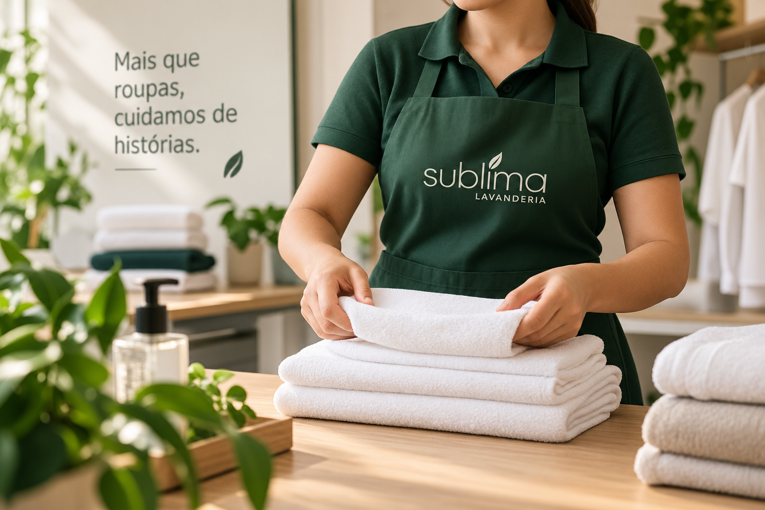 Profissional com avental oficial Sublima Lavanderia dobrando toalhas com carinho
